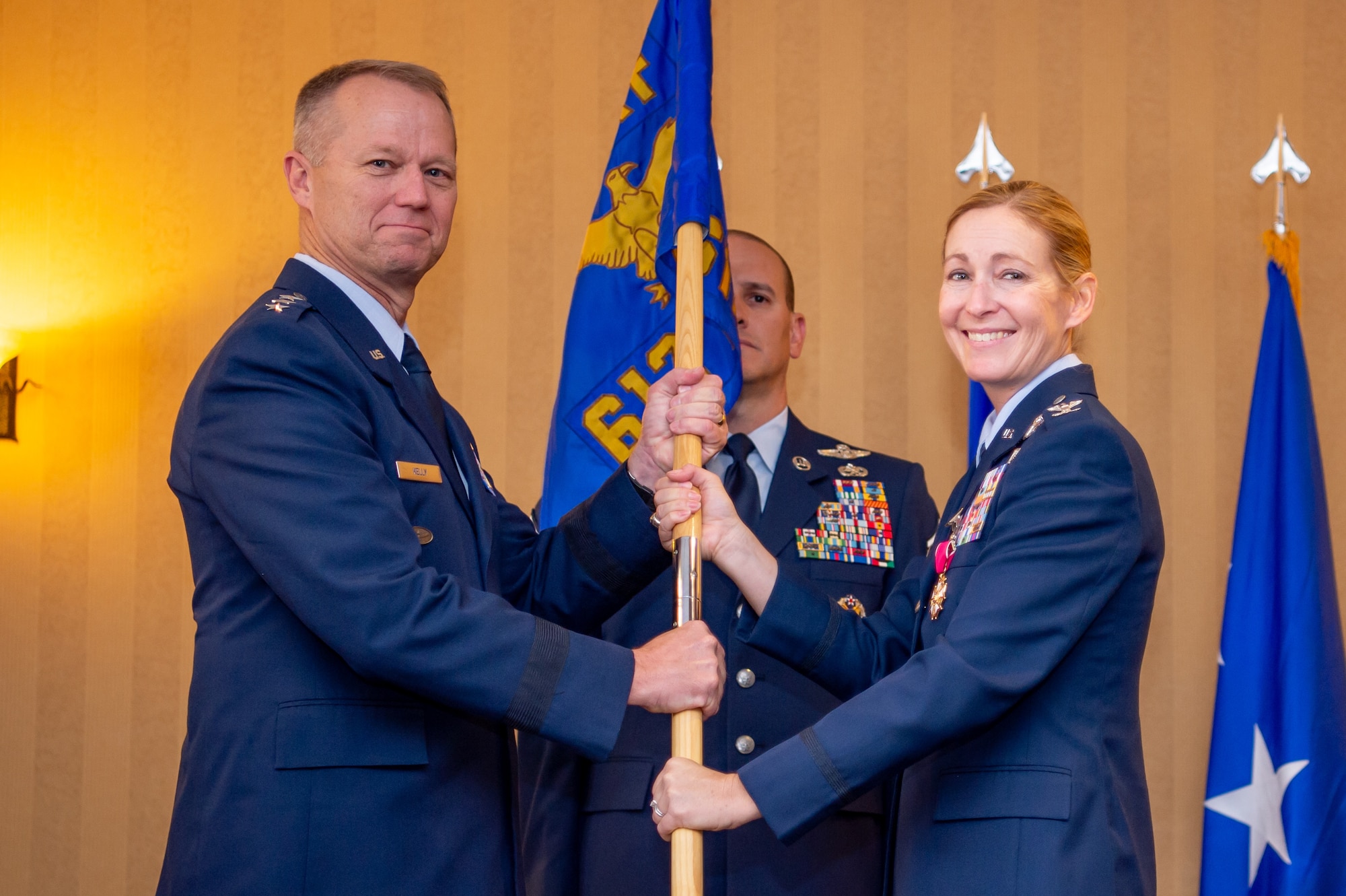 Col. Kim Campbell, pictured on the right, is currently the Director of the Center for Character and Leadership Development. Throughout her career, she has held multiple command positions including the 612th Theater Operations Group Commander & 474th Air Expeditionary Group Commander at Davis-Monthan Air Force Base, Arizona.
