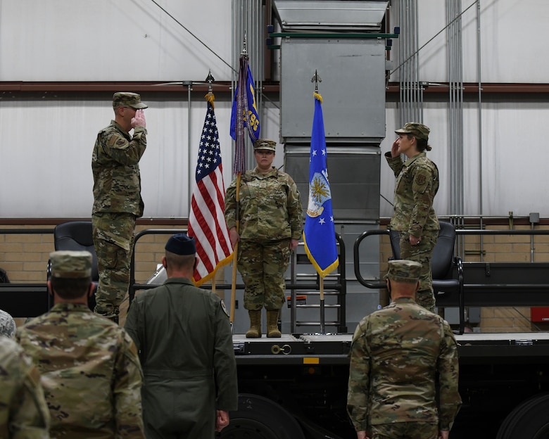 Col. Jennifer Fiederer, 419th Mission Support Group commander, renders a salute to Col. Matthew Fritz, commander of the 419th Fighter Wing, during an assumption of command ceremony Nov. 8, 2020, at Hill Air Force Base, Utah.