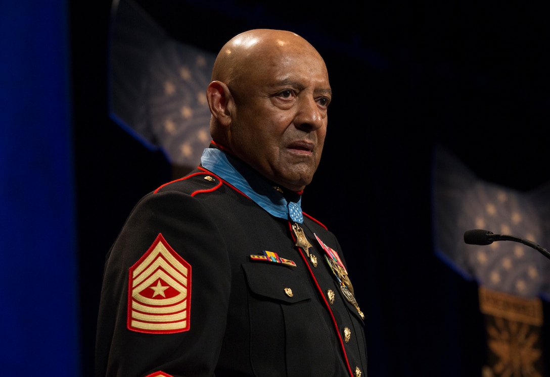 Retired U.S. Marine Corps Sgt. Maj. John L. Canley, the 298th Marine Medal of Honor recipient, gives closing remarks at the Pentagon, Arlington, Va., Oct. 18.