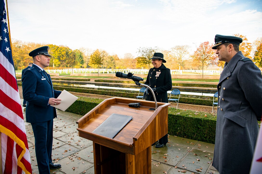 U.S. Air Force Col. Kurt Wendt, left, 501st Combat Support Wing commander, speaks with Julie Spence, center, Lord-Lieutenant of Cambridgeshire, and Royal Air Force Group Captain Phil Arnold, right, RAF High Wycombe commander, prior to a Veterans Day ceremony at the Cambridge American Cemetery and Memorial, England, Nov. 9, 2020. Cambridge American Cemetery is the only World War II American cemetery in England. (U.S Air Force photo by Senior Airman Eugene Oliver)