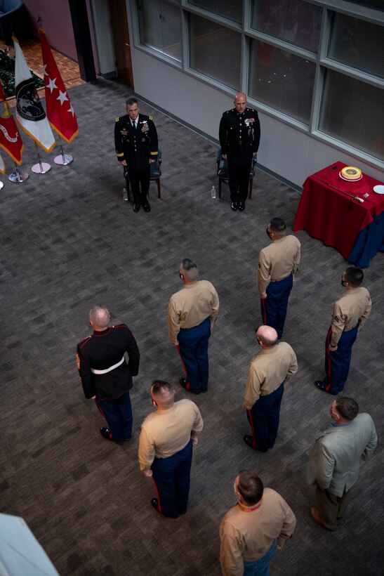 U.S. Space Command hosted a U.S. Marine Corps birthday celebration Nov. 6 at Peterson Air Force Base, Colorado. In attendance were U.S. Army Gen. James Dickinson, USSPACECOM commander; Marine Corps Brig. Gen. Joseph Matos, USSPACECOM command, control, communications, computers and cyber director; and Master Gunnery Sgt. Scott Stalker, USSPACECOM command senior enlisted leader. Also participating were current and former Marines serving in USSPACECOM headquarters. The U.S. Marine Corps turned 245 years old Nov. 10, 2020.