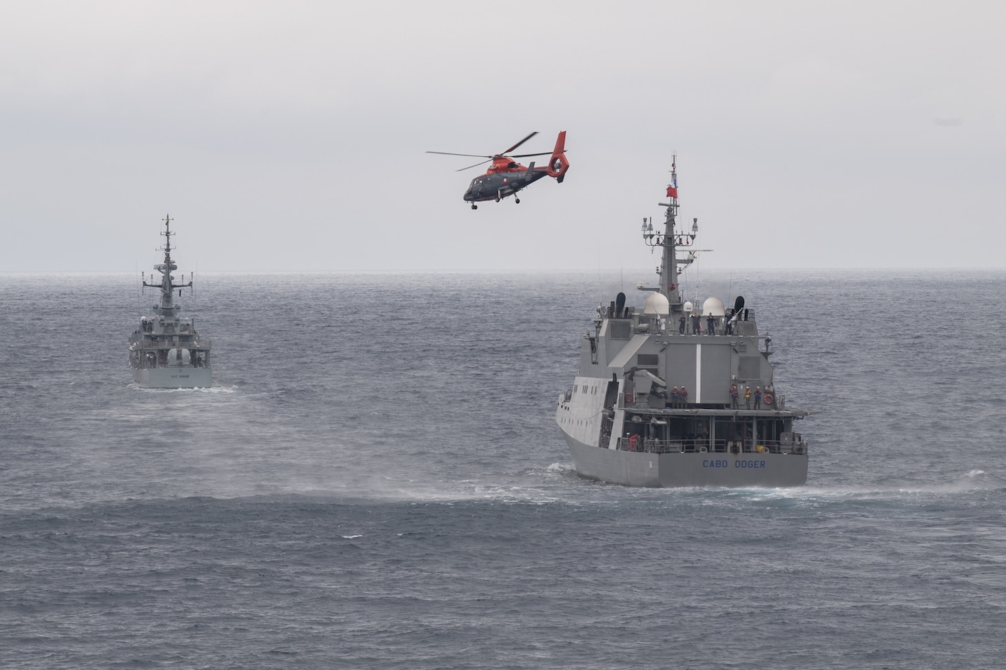 Chilean Navy vessel, Cabo Odger (OPV 84)  launches a helicopter during a training exercise for UNITAS LXI off the coast of Manta, Ecuador, Nov. 7, 2020.