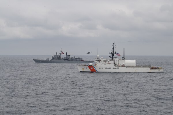 U.S. Coast Guard Cutter Legare (WMEC 912) and Peruvian Navy vessel BAP Bolognessi (FM 57) conduct naval formations during a training exercise for UNITAS LXI off the coast of Manta, Ecuador, Nov. 7, 2020.