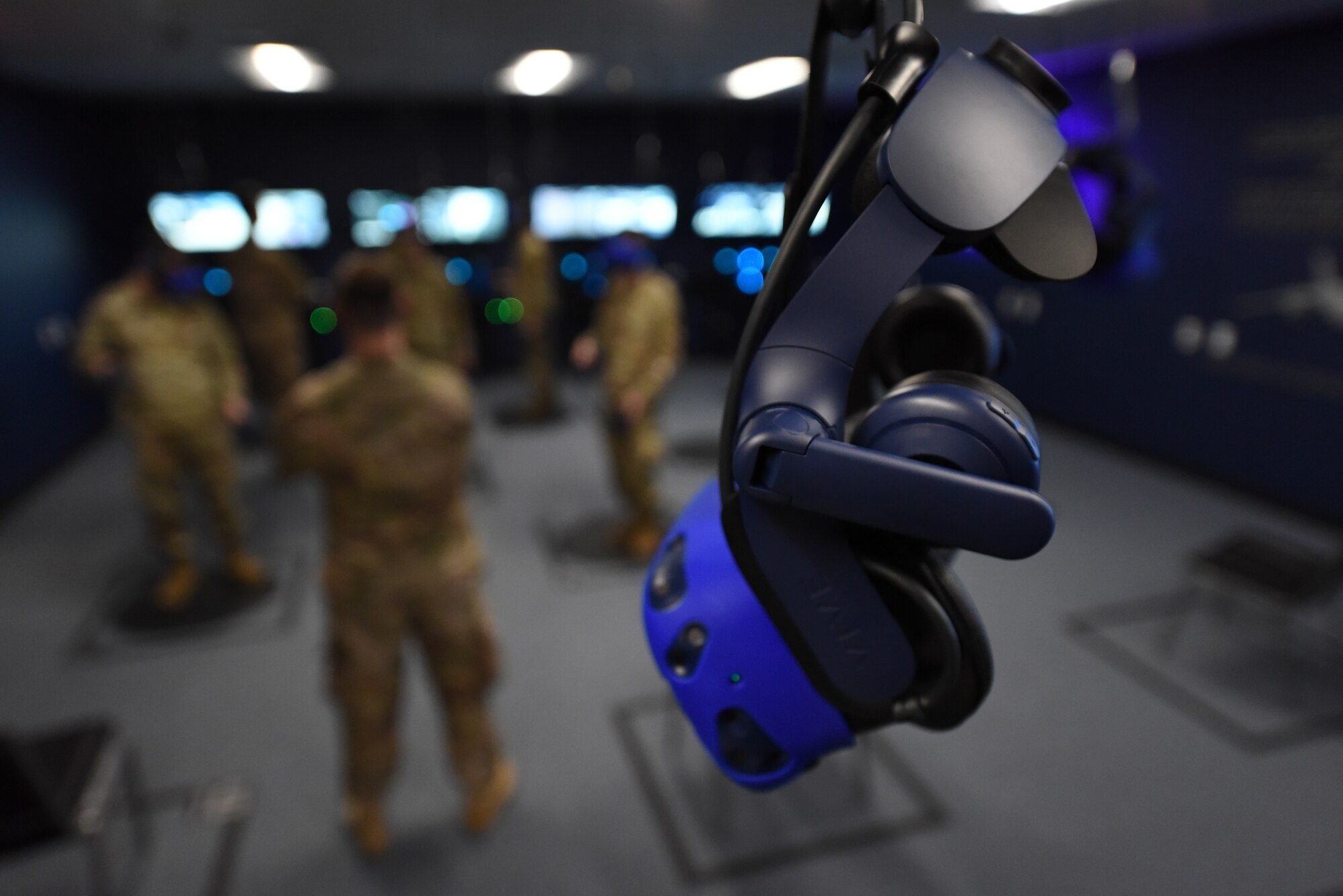 Virtual reality headset hangs from ceiling