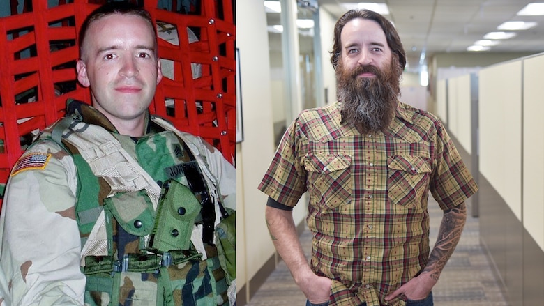 Left: Anthony Johnson, technical writer-editor (engineering) with the U.S. Army Corps of Engineers' Portland District, during his first deployment to Afghanistan, from 2004 to 2005. Right: Johnson in November 2019 at the district's headquarters in downtown Portland.