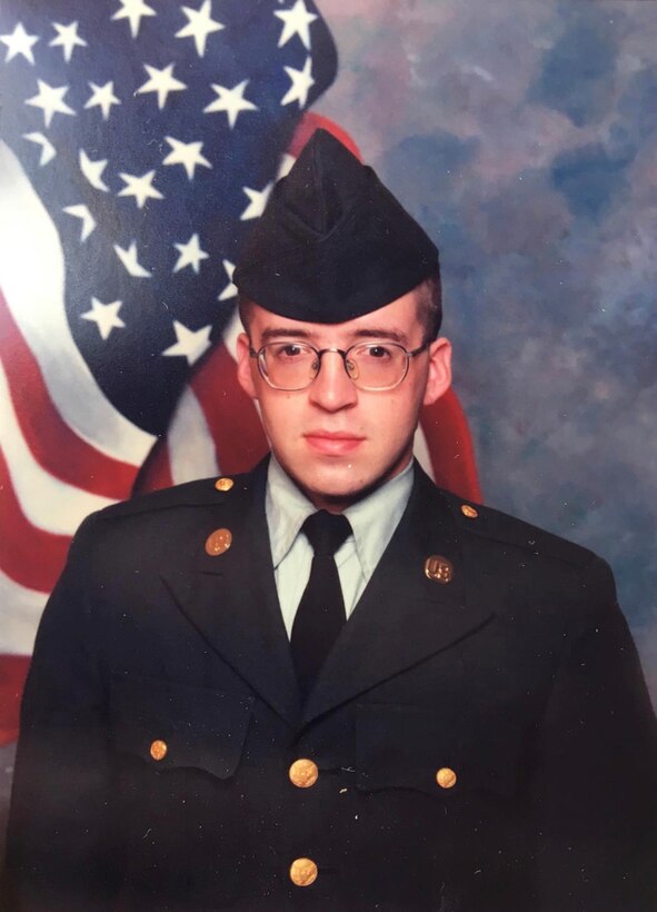 Anthony Johnson, technical writer-editor (engineering) with the U.S. Army Corps of Engineers' Portland District, during Army Basic Combat Training in 1997.