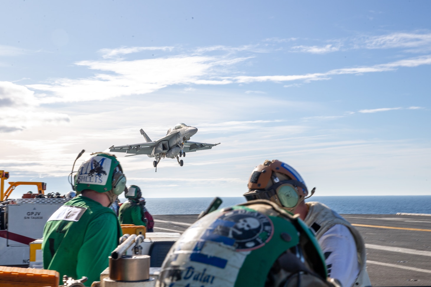 An F/A-18F Super Hornet attached to the "Blacklions" of Strike Fighter Squadron (VFA) 213, prepares to land on USS Gerald R. Ford's (CVN 78) flight deck, Nov. 8, 2020.