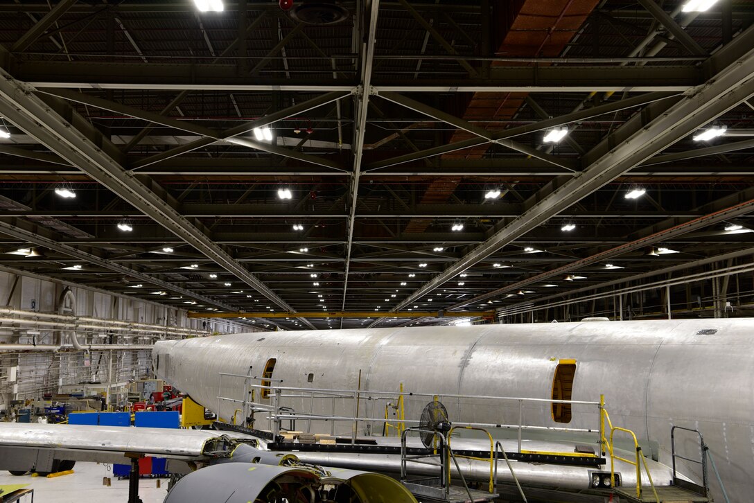 This view from Docks 9-12 in Building 3001 shows a 1958 model KC-135 in for programmed depot maintenance.