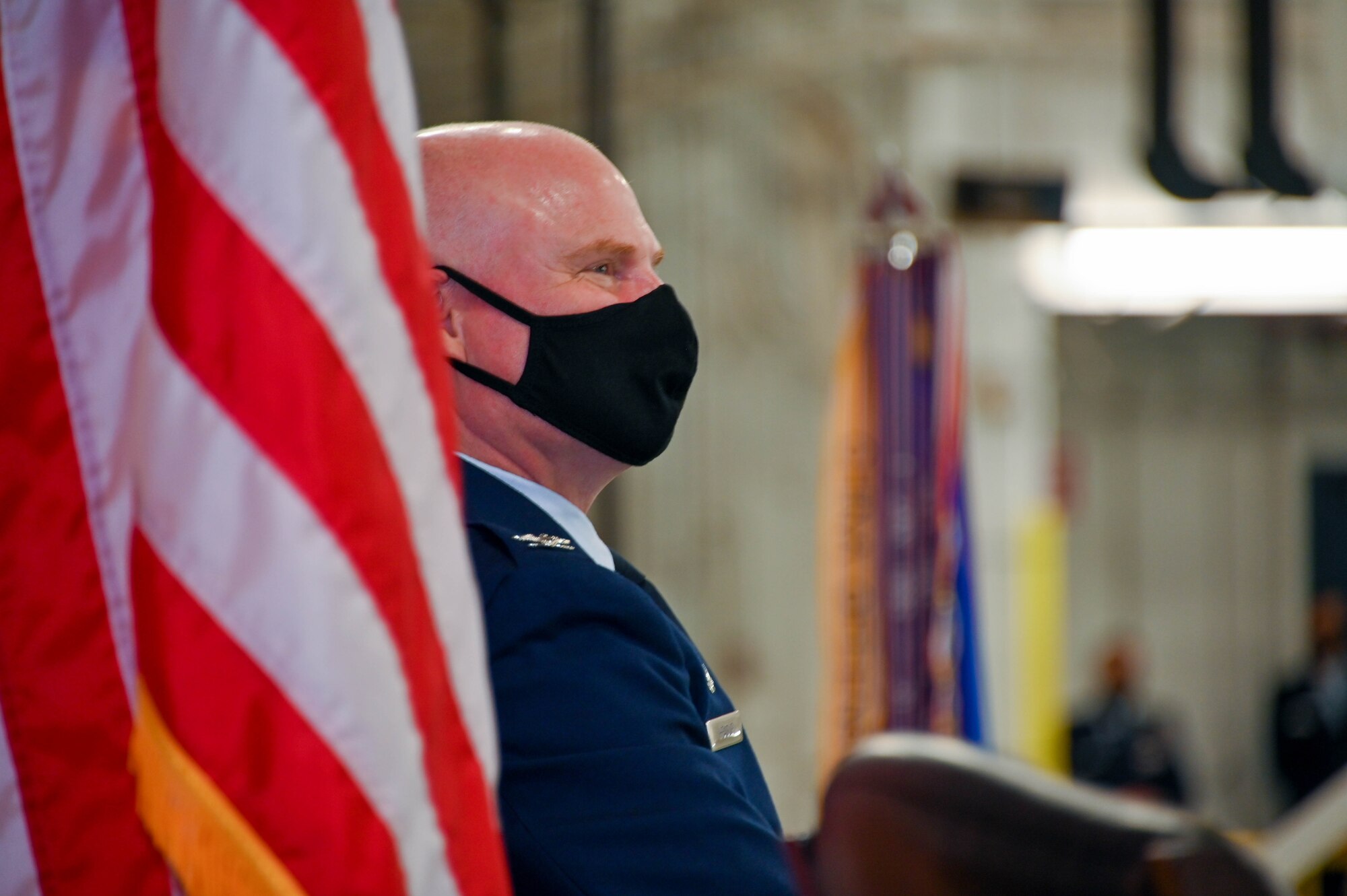 Col. Miles Heaslip, 507th Air Refueling Wing commander, listens to a speech during the 507th ARW change of command ceremony Nov. 8, 2020, at Tinker Air Force Base, Oklahoma. (U.S. Air Force photo by Senior Airman Mary Begy)