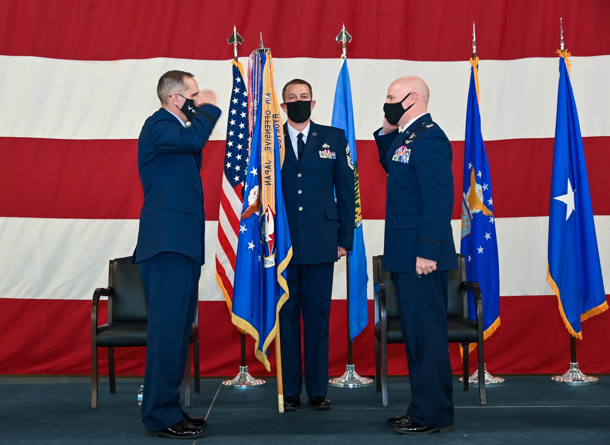 Col. Miles Heaslip, 507th Air Refueling Wing commander, relinquishes command to Brig. Gen. Jeffrey Pennington, 4th Air Force commander, during a change of command ceremony Nov. 8, 2020, at Tinker Air Force Base, Oklahoma. (U.S. Air Force photo by Senior Airman Mary Begy)