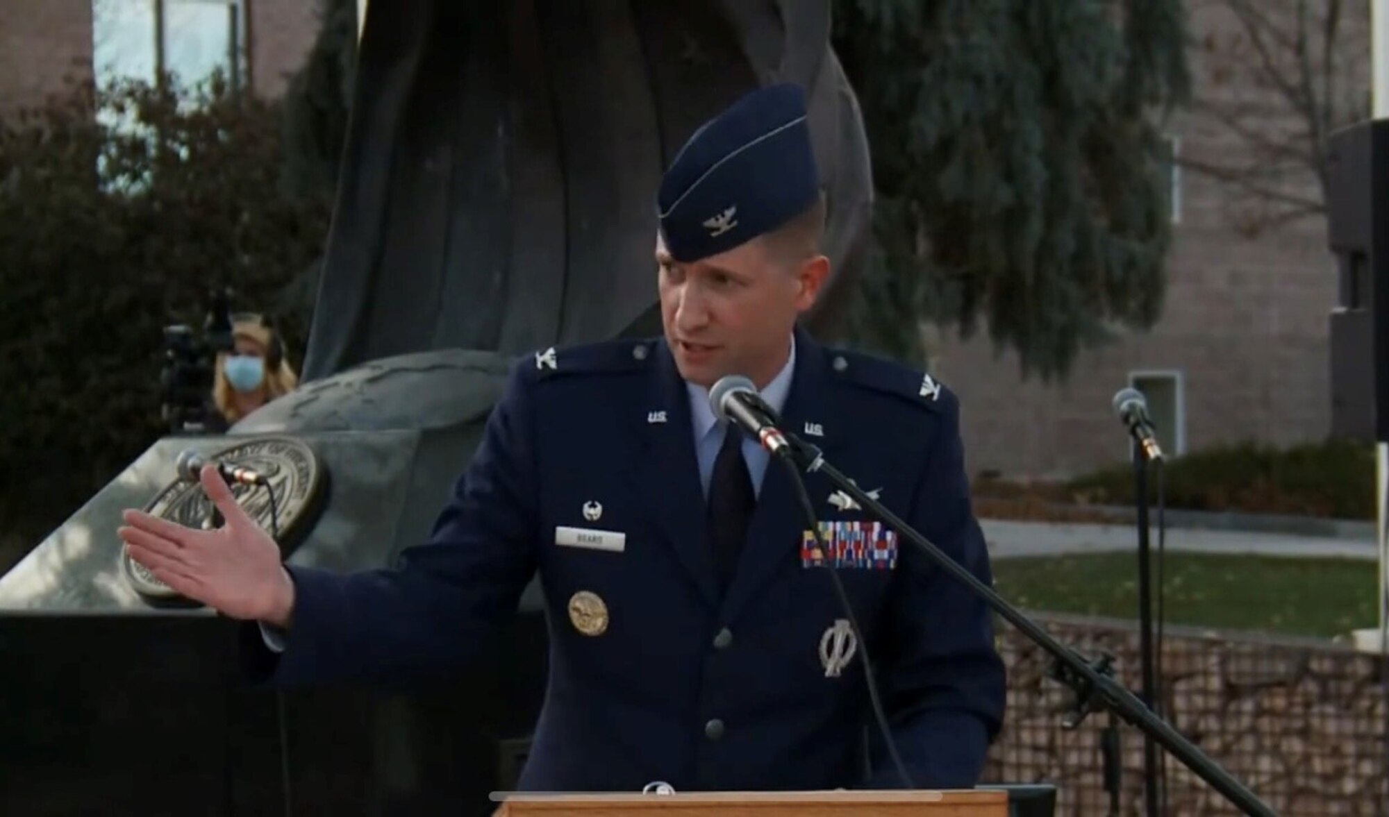 SCHRIEVER AIR FORCE BASE, Colo. -- Col. Casey Beard, Delta 9 Commander, gives a speech at the Douglas County Veterans Day Program in Castle Rock, Colorado, Nov. 7, 2020 at the Douglas County Veterans Monument.  The event was held as a tribute to Veterans for Veterans Day, and to dedicate the Space Force shield as a part of the monument.
(Douglas County Veterans courtesy photo)