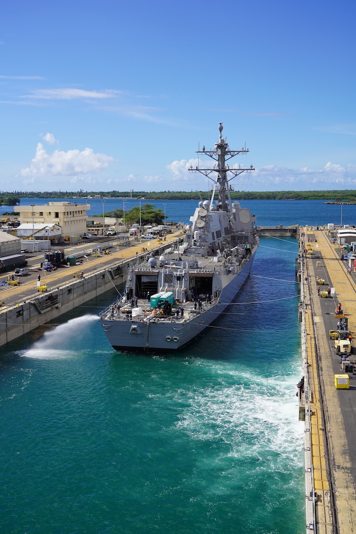 Pearl Harbor Naval Shipyard and Intermediate Maintenance Facility successfully undocked Arleigh Burke-class guided-missile destroyer USS Wayne E. Meyer (DDG 108) on Nov. 5. Despite the challenges of COVID-19, the shipyard and its partners remain open for business, executing a major milestone ahead of completing the ship’s Dry Docking Selected Restricted Availability.