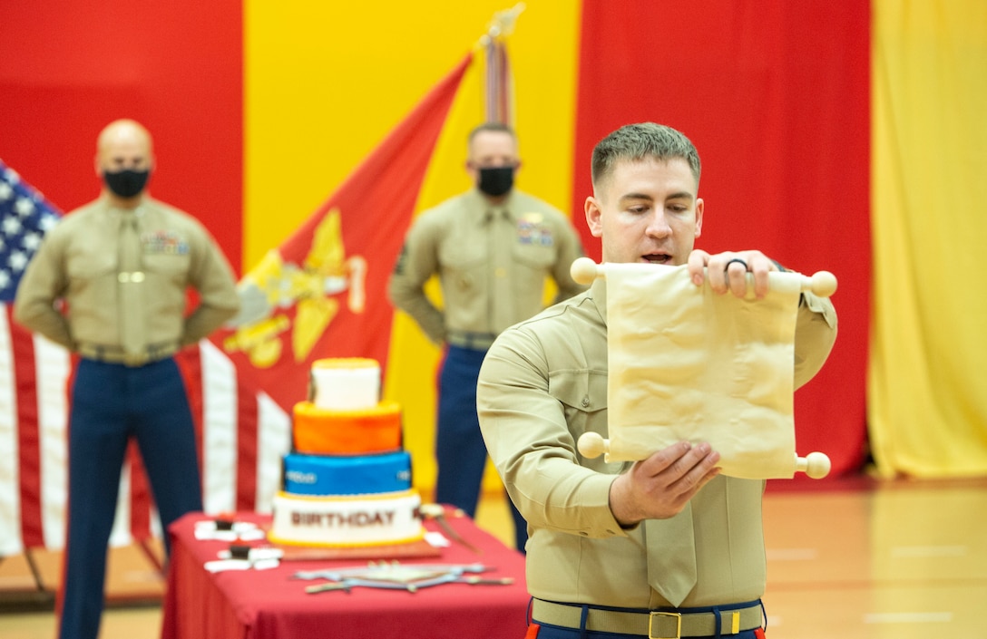 NORFOLK, VA (November 10, 2020) – U.S. Marine Corps Capt. Parker Grace, Adjutant at Headquarters and Service Battalion, Fleet Marine Force Atlantic, U.S. Marine Corps Forces Command reads Lt. Gen. John A. Lejeune's traditional birthday message during a Marine Corps birthday ceremony at the Camp Elmore gymnasium. Marines commemorated the Marine Corps 245th birthday by highlighting its rich traditions, and honoring those who serve and have served in the Corps.

(U.S. Marine Corps photo by Jonathan Donnelly/Released)
