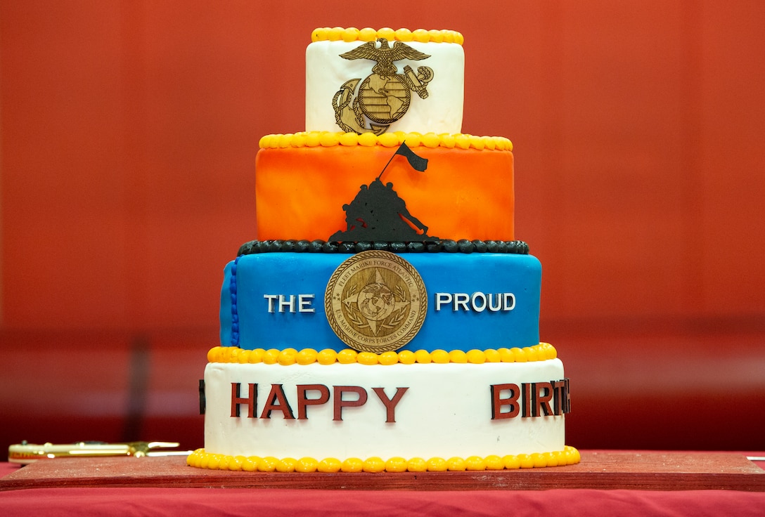NORFOLK, VA (November 10, 2020) – A honorary birthday cake sits on display during a Fleet Marine Force Atlantic, U.S. Marine Corps Forces Command Marine Corps birthday ceremony at the Camp Elmore gymnasium. Marines commemorated the Marine Corps 245th birthday by highlighting its rich traditions, and honoring those who serve and have served in the Corps.
(U.S. Marine Corps photo by Jonathan Donnelly/Released)