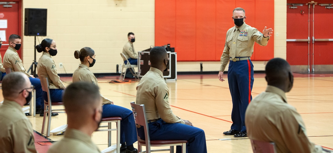 NORFOLK, VA (November 10, 2020) – U.S. Marine Corps Sgt. Maj. Bradley S. Driver, Sergeant Major of Headquarters and Service Battalion, Fleet Marine Force Atlantic, U.S. Marine Corps Forces Command offers Marines motivational remarks during a Marine Corps birthday ceremony at the Camp Elmore gymnasium. Marines commemorated the Marine Corps 245th birthday by highlighting its rich traditions, and honoring those who serve and have served in the Corps.
(U.S. Marine Corps photo by Jonathan Donnelly/Released)
