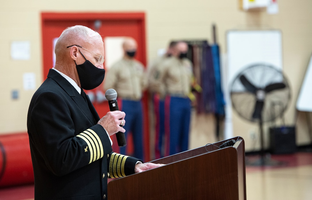 NORFOLK, VA (November 10, 2020) – U.S. Navy Capt. Steven Moses, Force Chaplain at Fleet Marine Force Atlantic, U.S. Marine Corps Forces Command offers an opening prayer during a Marine Corps birthday ceremony at the Camp Elmore gymnasium. Marines commemorated the Marine Corps 245th birthday by highlighting its rich traditions, and honoring those who serve and have served in the Corps.
(U.S. Marine Corps photo by Jonathan Donnelly/Released)
