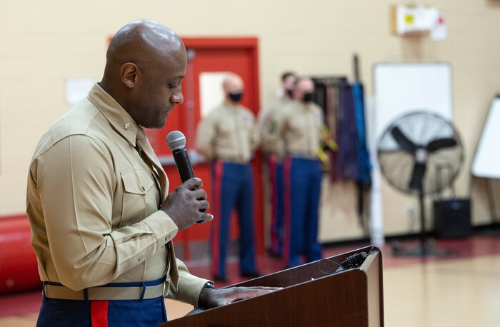 NORFOLK, VA (November 10, 2020) – U.S. Marine Corps Lt. Col. Curtis Thomas, Executive Officer of Headquarters and Service Battalion, Fleet Marine Force Atlantic, U.S. Marine Corps Forces Command offers opening remarks during a Marine Corps birthday ceremony at the Camp Elmore gymnasium. Marines commemorated the Marine Corps 245th birthday by highlighting its rich traditions, and honoring those who serve and have served in the Corps.
(U.S. Marine Corps photo by Jonathan Donnelly/Released)