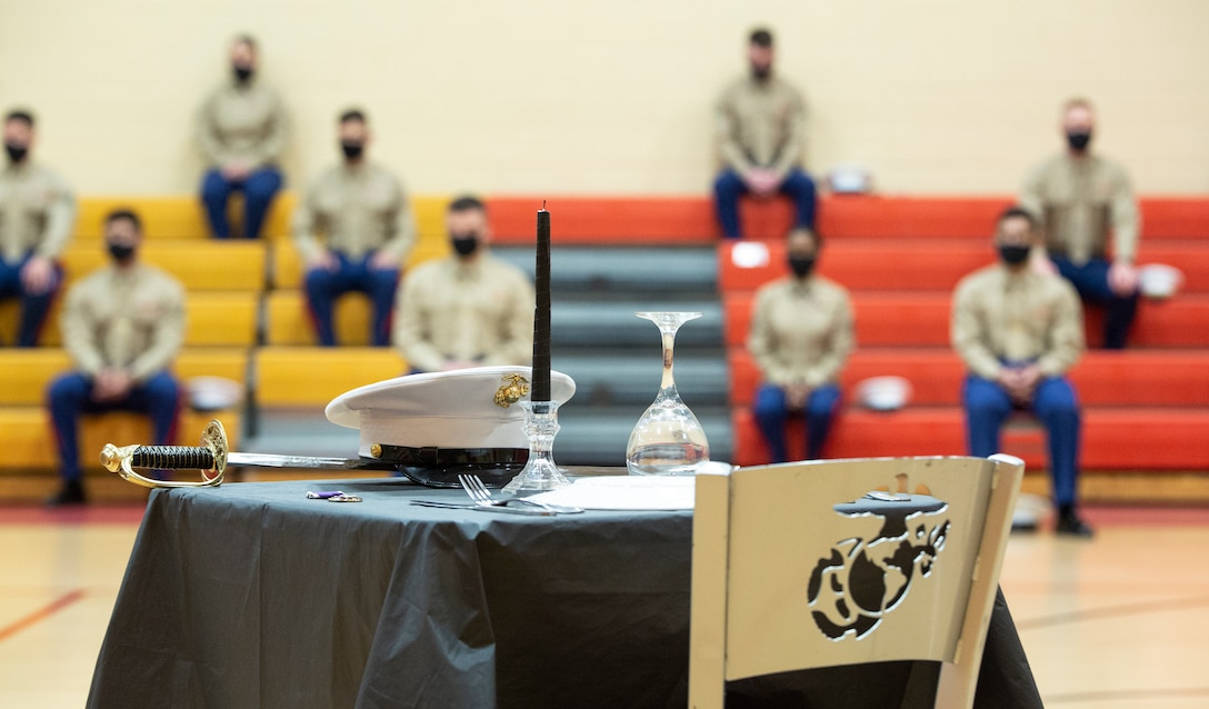 NORFOLK, VA (November 10, 2020) – A U.S. Marine Corps honorary fallen comrade table sits on display during a Fleet Marine Force Atlantic, U.S. Marine Corps Forces Command Marine Corps birthday ceremony at the Camp Elmore gymnasium. Marines commemorated the Marine Corps 245th birthday by highlighting its rich traditions, and honoring those who serve and have served in the Corps.
(U.S. Marine Corps photo by Jonathan Donnelly/Released)