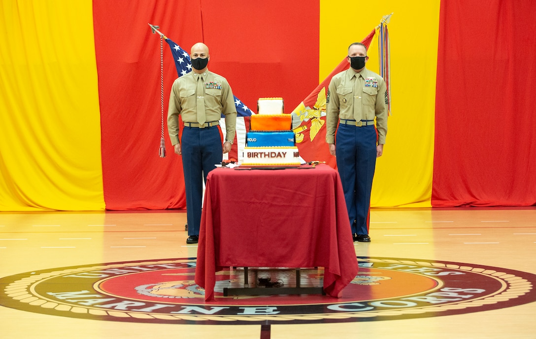NORFOLK, VA (November 10, 2020) – U.S. Marine Corps Col. Mark R. Reid, Commanding Officer of Headquarters and Service Battalion (HQSVCBN), Fleet Marine Force Atlantic (FMFLANT), U.S. Marine Corps Forces Command (MARFORCOM) and Sgt. Maj. Bradley S. Driver, Sergeant Major of HQSVCBN, FMFLANT, MARFORCOM stand at attention during the playing of “Anchors Away” during a Marine Corps birthday ceremony at the Camp Elmore gymnasium. Marines commemorated the Marine Corps 245th birthday by highlighting its rich traditions, and honoring those who serve and have served in the Corps.
(U.S. Marine Corps photo by Jonathan Donnelly/Released)