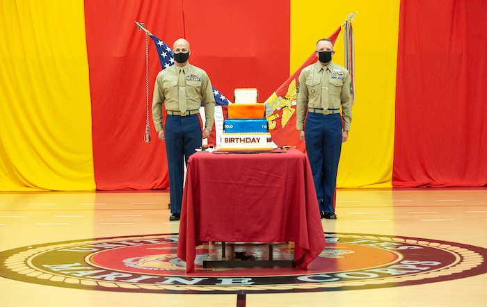 NORFOLK, VA (November 10, 2020) – U.S. Marine Corps Col. Mark R. Reid, Commanding Officer of Headquarters and Service Battalion (HQSVCBN), Fleet Marine Force Atlantic (FMFLANT), U.S. Marine Corps Forces Command (MARFORCOM) and Sgt. Maj. Bradley S. Driver, Sergeant Major of HQSVCBN, FMFLANT, MARFORCOM stand at attention during the playing of “Anchors Away” during a Marine Corps birthday ceremony at the Camp Elmore gymnasium. Marines commemorated the Marine Corps 245th birthday by highlighting its rich traditions, and honoring those who serve and have served in the Corps.
(U.S. Marine Corps photo by Jonathan Donnelly/Released)