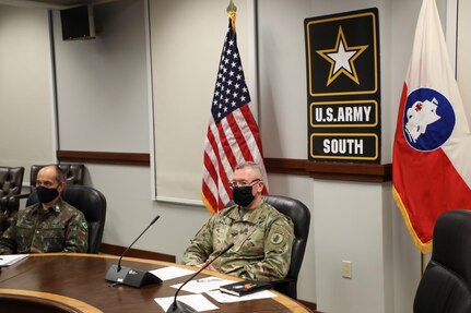 Command Sgt. Maj. Trevor Walker, U.S. Army South command sergeant major, and General-de-Brigada Alcides Faria, Jr., U.S. Army South deputy commanding general, virtually take part in the PISAJ 14 opening ceremony, today at Army South Headquarters on Joint Base San Antonio-Fort Sam Houston. PISAJ an acronym in Spanish for “Programa Integral Para Suboficiales de Alta Jerarquia.” A comprehensive Program for Senior NCOs. This is a U.S. Army South-hosted, semi-annual, engagement between the U.S. and Colombia armies; designed to increase capacity and regional collaboration. PISAJ 14 also included senior NCOs from Brazil and Mexico.