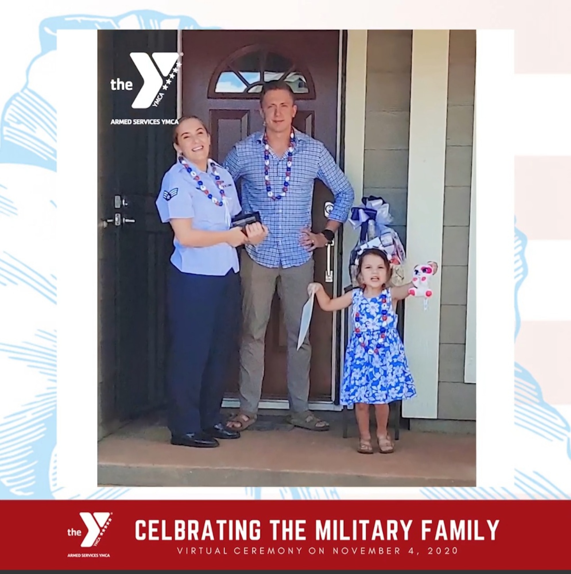 Senior Airman Chasity Stiver, 15th Operations Support Squadron airfield management operations coordinator, her spouse, Travis and their 4-year-old daughter, Kennedy, pose for a photo during a virtual ceremony for the Armed Services YMCA Hawaii to celebrate the military family, on Joint Base Pearl Harbor-Hickam, Hawaii, Nov. 4, 2020. The Armed Services YMCA Hawaii honored six families, one family from each branch of the military including the Hawaii Army National Guard. The Stiver family represents the U.S. Air Force.  (Courtesy photo)