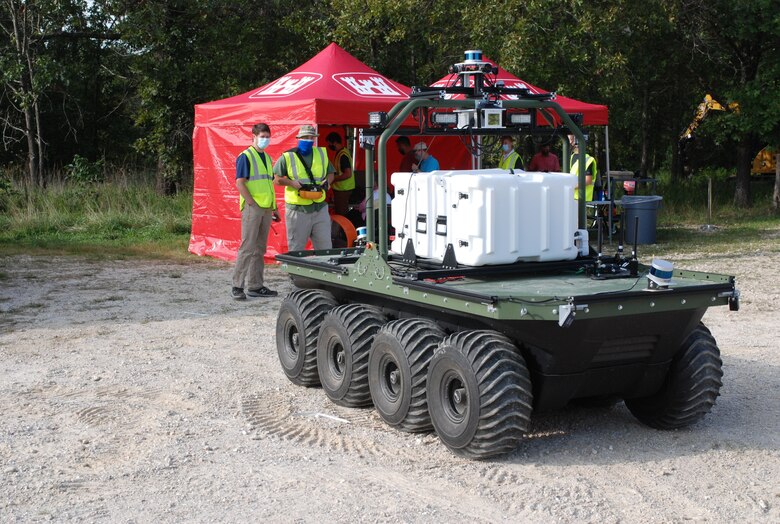 U.S. Army Engineer Research and Development Center researchers manipulate the Robotics for Engineer Operations, or REO, vehicle and quickly capture pertinent data to use for engineer operations during the Maneuver Support, Sustainment and Protection Integration Experiments-2020, or MSSPIX-20, in Fort Leonard Wood, Mo., Sept. 16, 2020. The REO employs a set of robotic platforms to remotely characterize a site by fusing multiple sensing modalities on a fully autonomous unmanned ground vehicle to capture critical information for engineer missions.