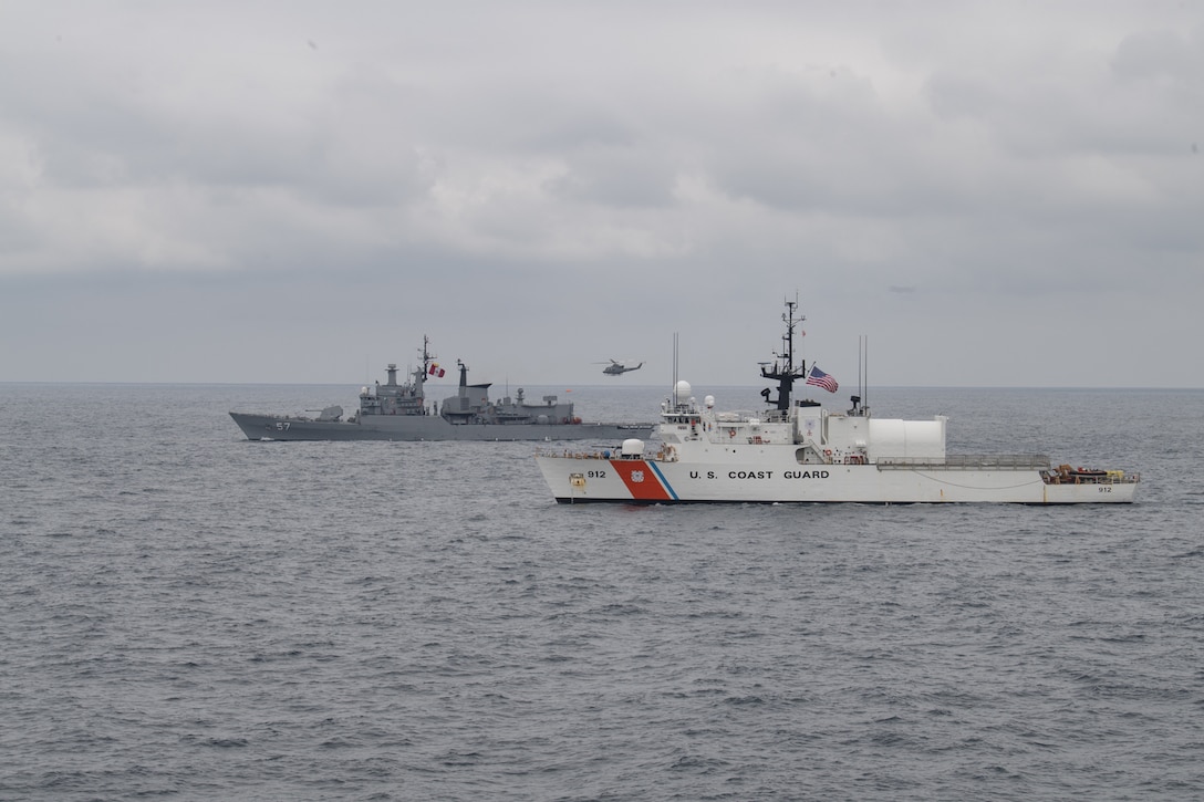 U.S. Coast Guard Cutter Legare (WMEC 912) and Peruvian Navy vessel BAP Bolognessi (FM 57) conduct naval formations during a training exercise for UNITAS LXI off the coast of Manta, Ecuador, Nov. 7, 2020.