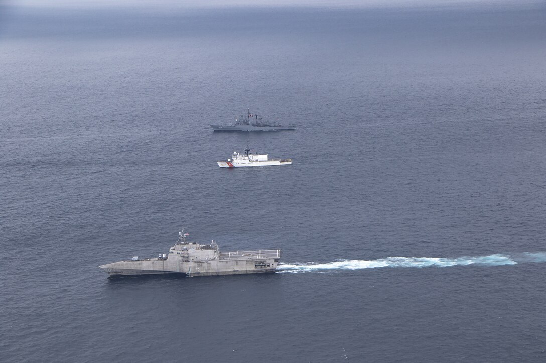 Naval ships from Ecuador, Chile, Colombia, Peru and the U.S. conduct naval formations during a training exercise for UNITAS LXI off the coast of Ecuador, Nov. 7, 2020.