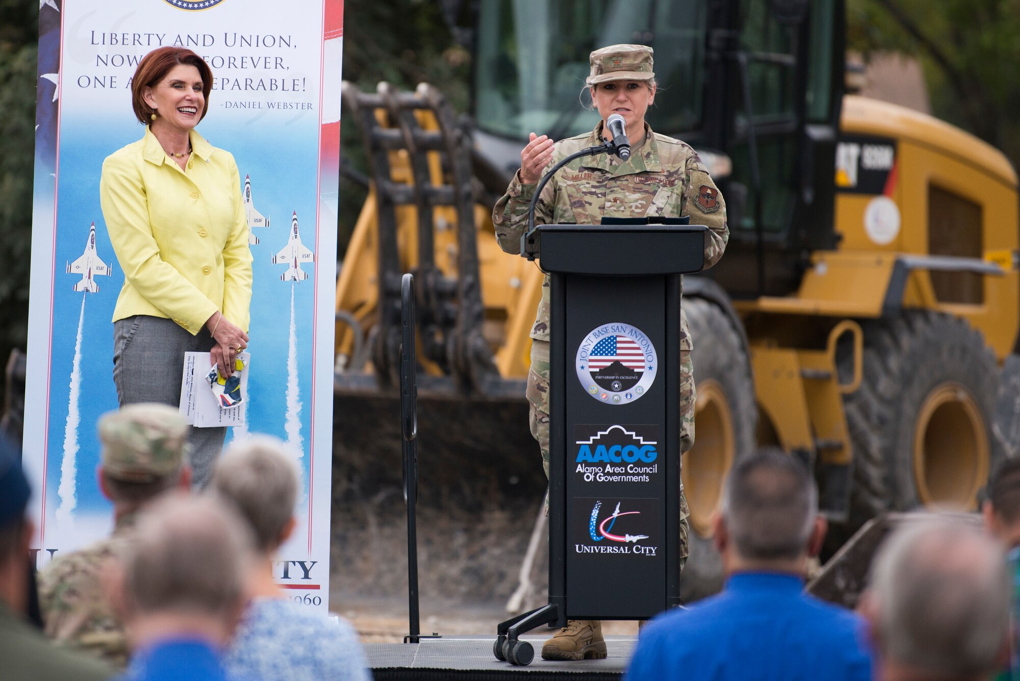 Brig. Gen. Caroline M. Miller, 502d Air Base Wing and Joint Base San Antonio commander, speaks during the Lindbergh Demolition Project partnership recognition event, Nov. 10, 2020, in Universal City, Texas.