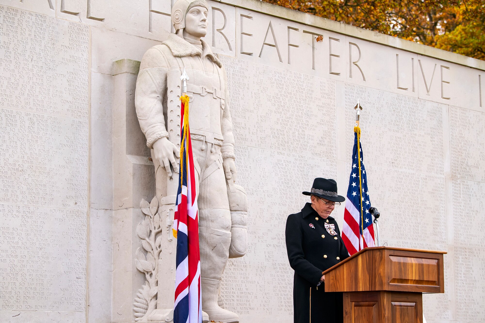 Julie Spence, Lord-Lieutenant of Cambridgeshire, speaks during a Veterans Day ceremony at the Cambridge American Cemetery and Memorial, England, Nov. 9, 2020. The ceremony honors veterans of the past and present for their service to the United States. (U.S Air Force photo by Senior Airman Eugene Oliver)