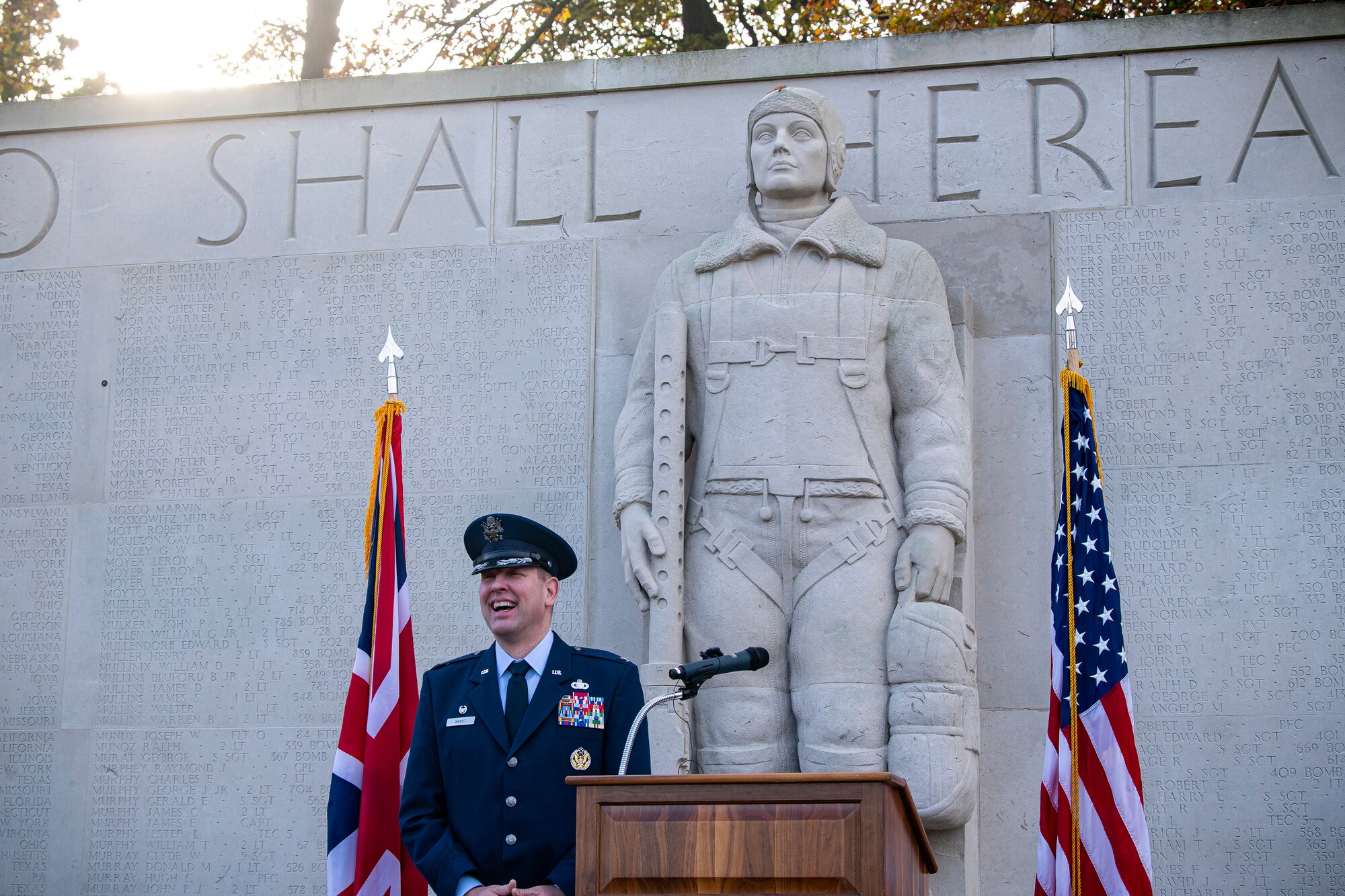 U.S. Air Force Col. Kurt Wendt, 501st Combat Support Wing commander, stands in front of the Tablets of the Missing prior to a Veterans Day ceremony at the Cambridge American Cemetery and Memorial, England, Nov. 9, 2020. The annual ceremony honors veterans of the past and present for their service to the United States. (U.S Air Force photo by Senior Airman Eugene Oliver)