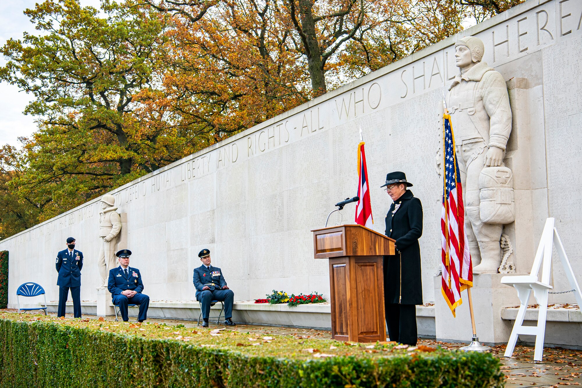 Julie Spence, Lord-Lieutenant of Cambridge shire, speaks during a Veterans Day ceremony at the Cambridge American Cemetery and Memorial, England, Nov. 9, 2020. This ceremony honors veterans of the past and present for their service to the United States. (U.S Air Force photo by Senior Airman Eugene Oliver)