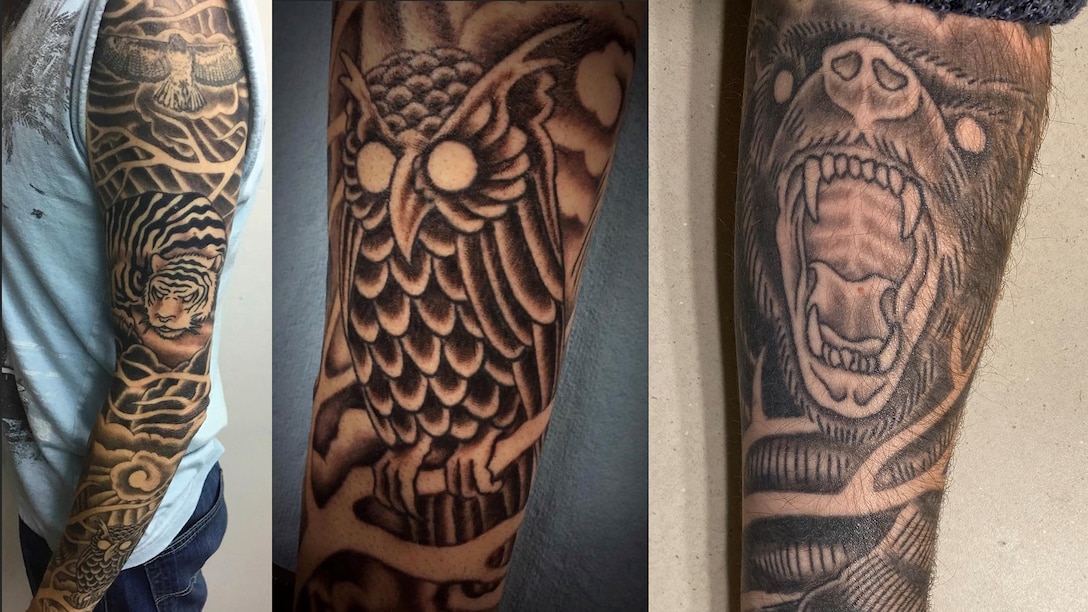 Anthony Johnson, technical writer-editor (engineering) with the U.S. Army Corps of Engineers' Portland District, shows the tattoo sleeve on his left arm -- a tribute to the various spirit animal guides that came to Johnson during Shamanic animal journeying meditations.