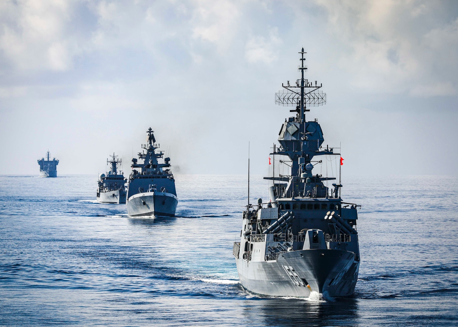 Ships from multiple nations sail in formation during a live-fire gunnery exercise as part of Malabar 2020. Malabar is an India-led multinational exercise designed to enhance cooperation between Indian Navy (IN), Royal Australian Navy (RAN), Japan Maritime Self-Defense Force (JMSDF) and U.S. maritime forces. Australian, Indian, Japanese and American maritime forces routinely operate together in the Indo-Pacific, fostering a cooperative approach toward regional security and stability.
