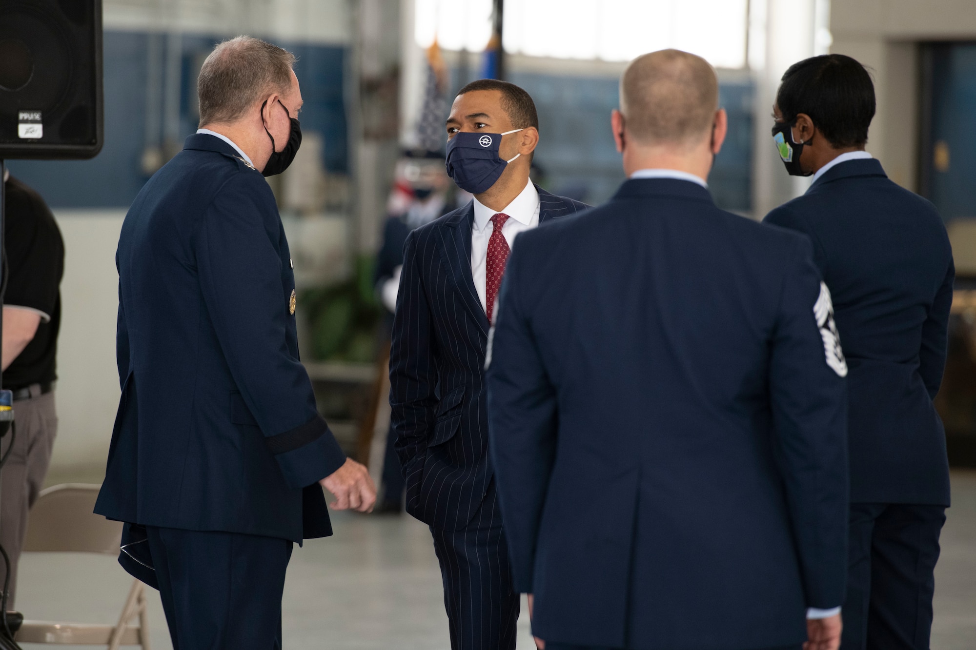 Mayor of Montgomery Steven Reed visits with Lt. Gen. James Hecker, Air University commander and president Nov. 11, 2020, on Maxwell Air Force Base, Alabama. The mayor was in attendance of Maxwell's Veteran's Day ceremony. (U.S. Air Force photo by Senior Airman Charles Welty)