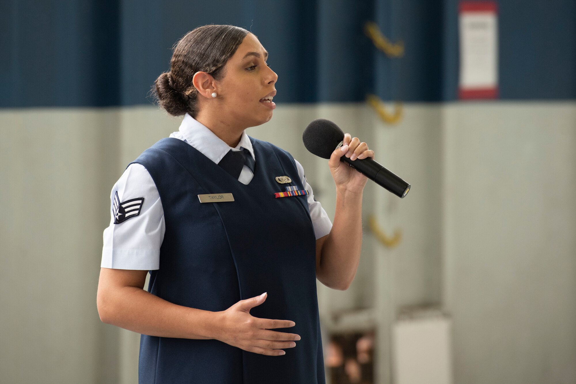 Senior Airman Taylor performs the national anthem during a Veteran's Day ceremony Nov. 11, 2020, on Maxwell Air Force Base, Alabama. (U.S. Air Force photo by Senior Airman Charles Welty)