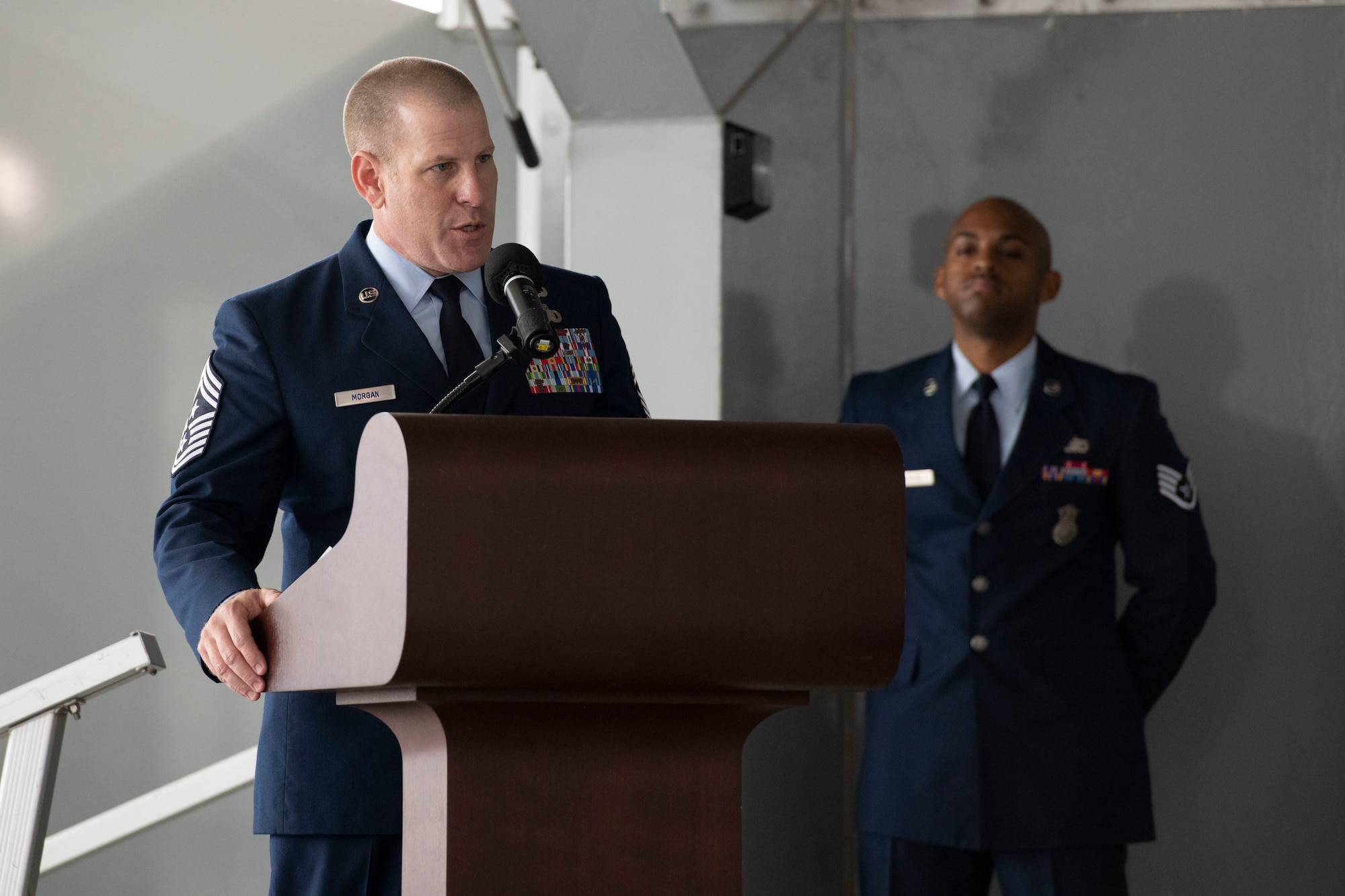 Chief Master Sgt. Michael Morgan, 42nd Air Base Wing command chief, speaks during Maxwell's Veteran's Day ceremony Nov. 11, 2020. The ceremony was presided over by Lt. Gen. James Hecker, Air University commander and president. (U.S. Air Force photo by Senior Airman Charles Welty)
