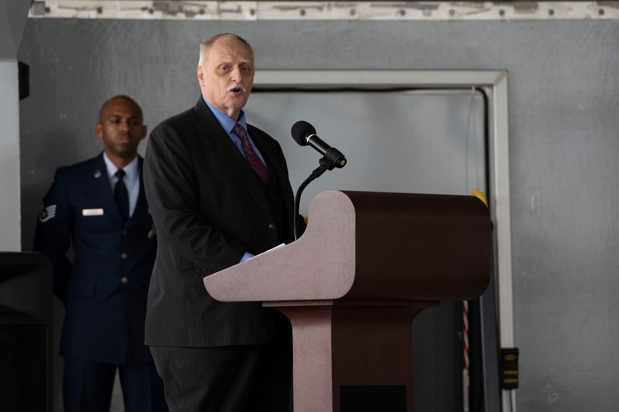 Dr. Silvano Wueschner, Air University historian, speaks during Maxwell Air Force Base's Veteran's Day ceremony Nov. 11, 2020. In attendance was Air University and 42nd Air Base Wing leadership, as well as the Mayor of Montgomery Steven Reed. (U.S. Air Force photo by Senior Airman Charles Welty)