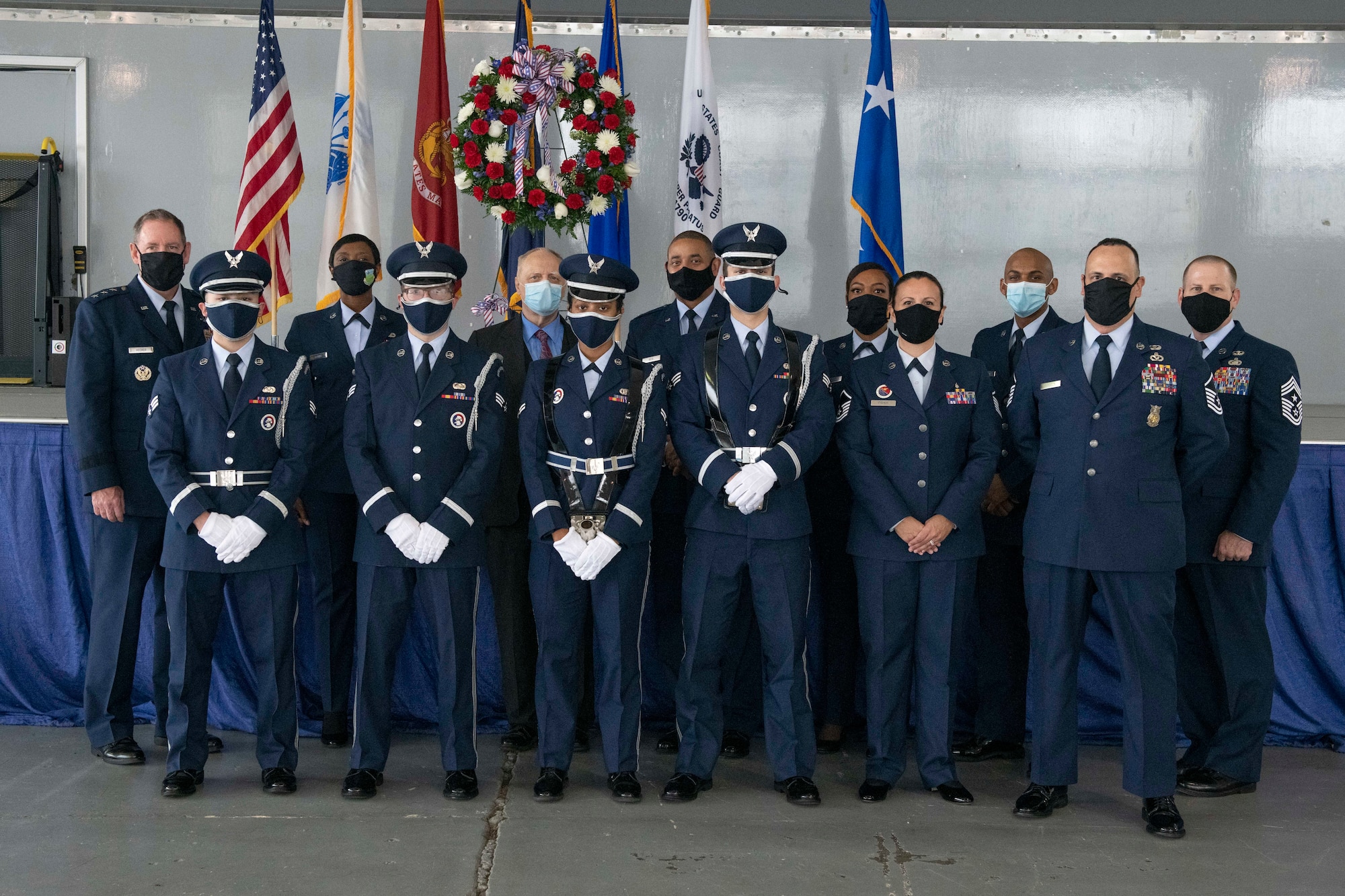 Air University and 42nd Air Base Wing leadership poses for a photo alongside Maxwell Air Force Base Honor Guard members Nov. 11, 2020. (U.S. Air Force photo by Senior Airman Charles Welty)