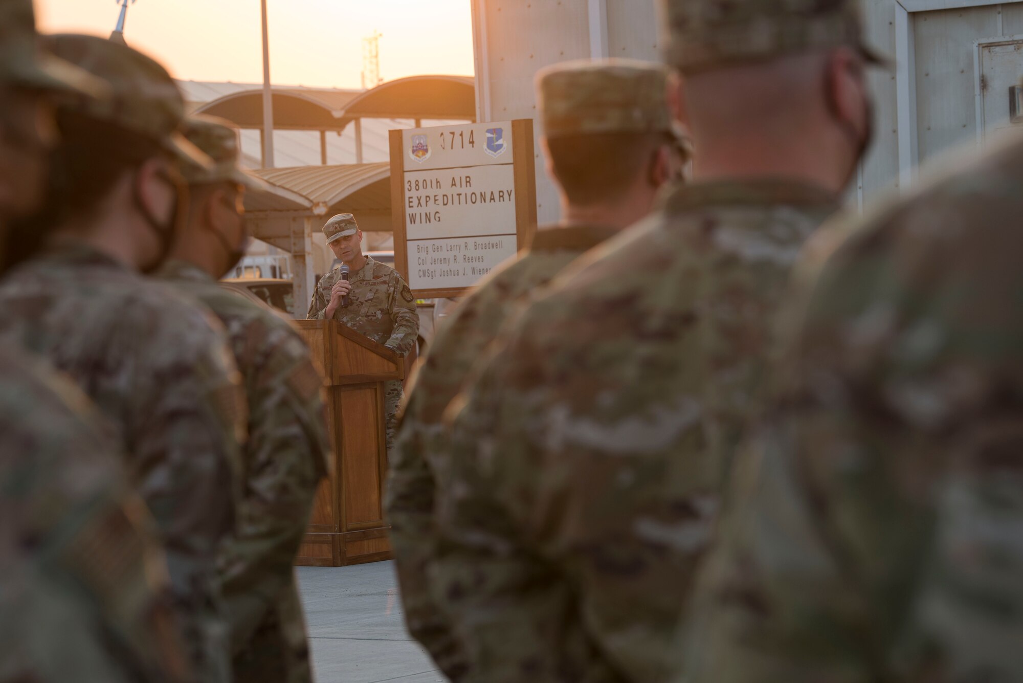 U.S. Air Force Brig. Gen. Larry R. Broadwell, 380th Air Expeditionary Wing commander, addresses Airmen assigned to the 380th AEW and its partner units during a Veterans Day ceremony at Al Dhafra Air Base, United Arab Emirates, Nov. 11, 2020.
