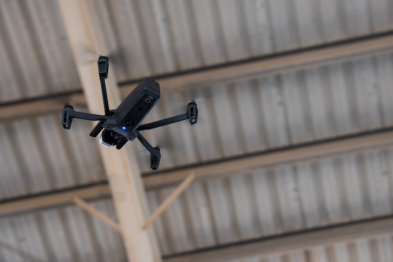 Drone hovers in the air