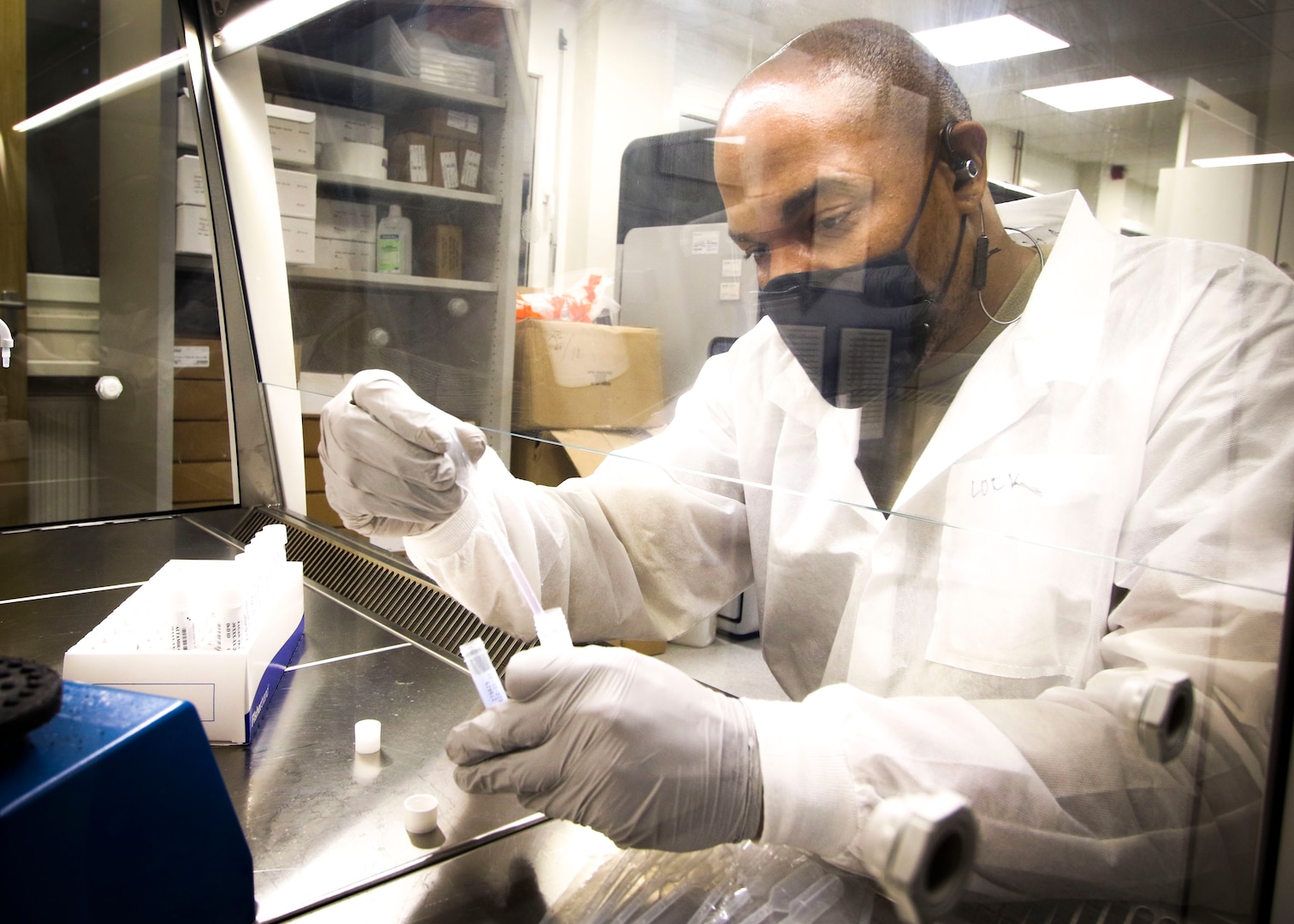 U.S. Army Spc. Donald Lockhart, laboratory technician, Department of Pathology and Laboratory Services, Landstuhl Regional Medical Center, prepares a COVID-19 sample for testing at LRMC, Nov. 3. Landstuhl Regional Medical Center recently surpassed 50,000 COVID-19 tests performed since the start of the pandemic earlier this year.