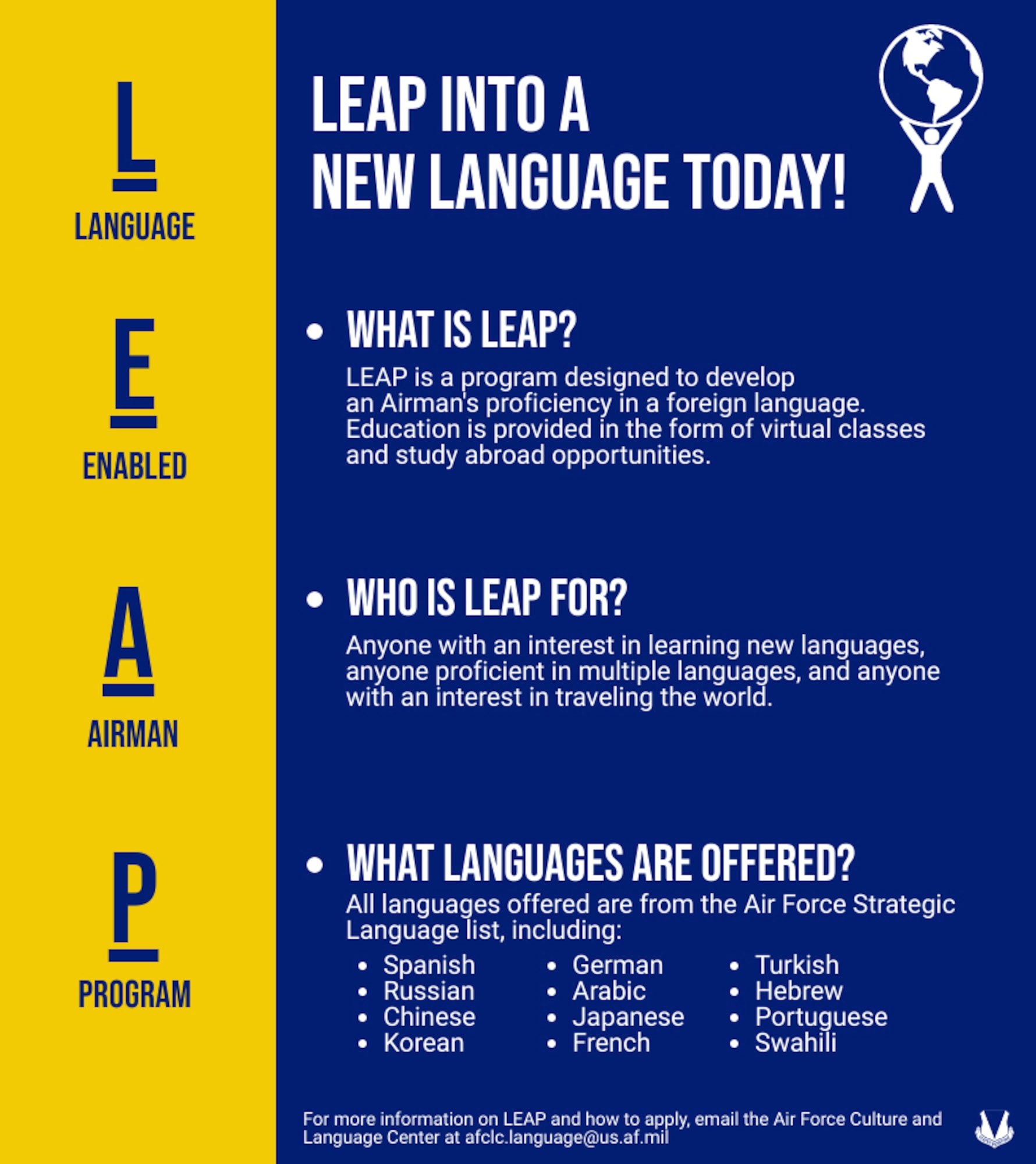 A graphic displaying information about the Language Enabled Airman Program.