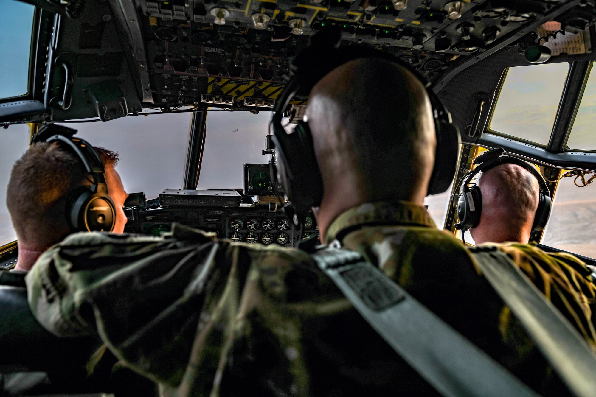 Aircrew members assigned to the 757th Airlift Squadron fly an aerial spray modified C-130H Hercules aircraft, Sept. 23, 2020, above Mountain Home Air Force Base’s Saylor Creek Training Range, Idaho.