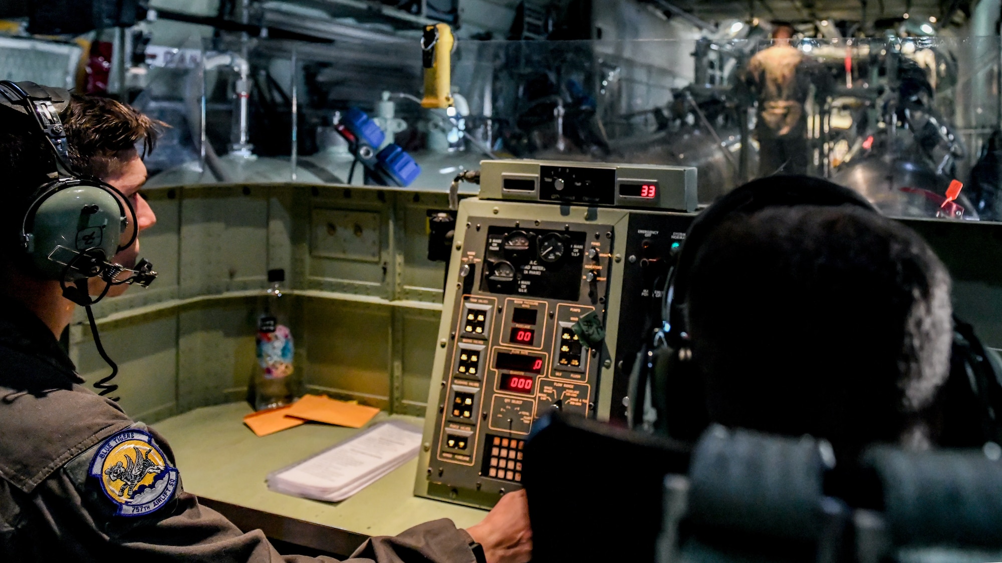 Aerial spray operators assigned to the 757th Airlift Squadron operate the 910th Airlift Wing’s aerial spray system from the back of an aerial spray modified C-130H Hercules aircraft, Sept. 23, 2020, above Mountain Home Air Force Base’s Saylor Creek Training Range, Idaho.