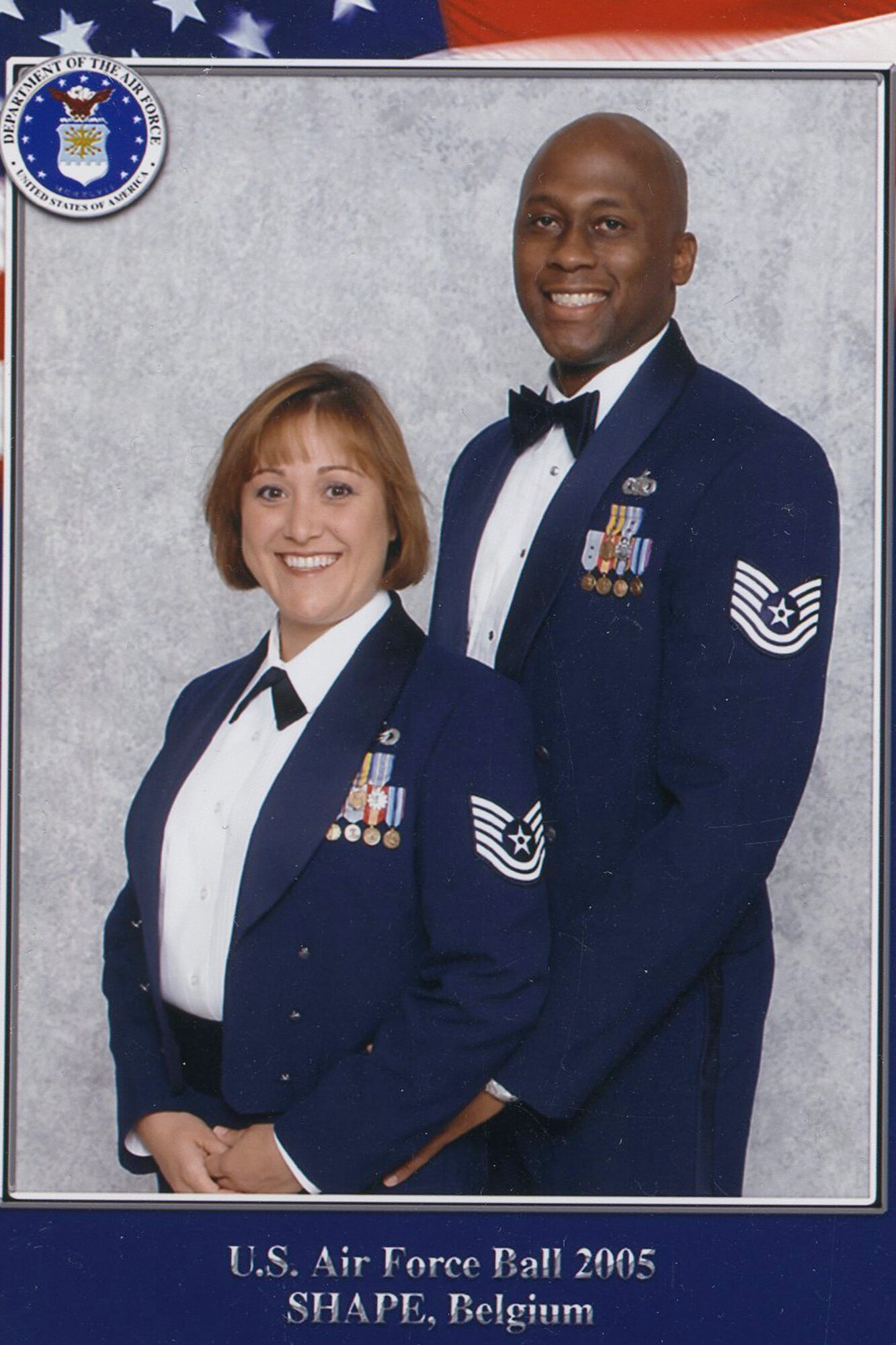 Tammy Harper, a U.S. Air Force veteran, left, and her husband, now Chief Master Sgt. Ron Harper, 341st Missile Wing command chief, pose for a photo. (Courtesy photo)