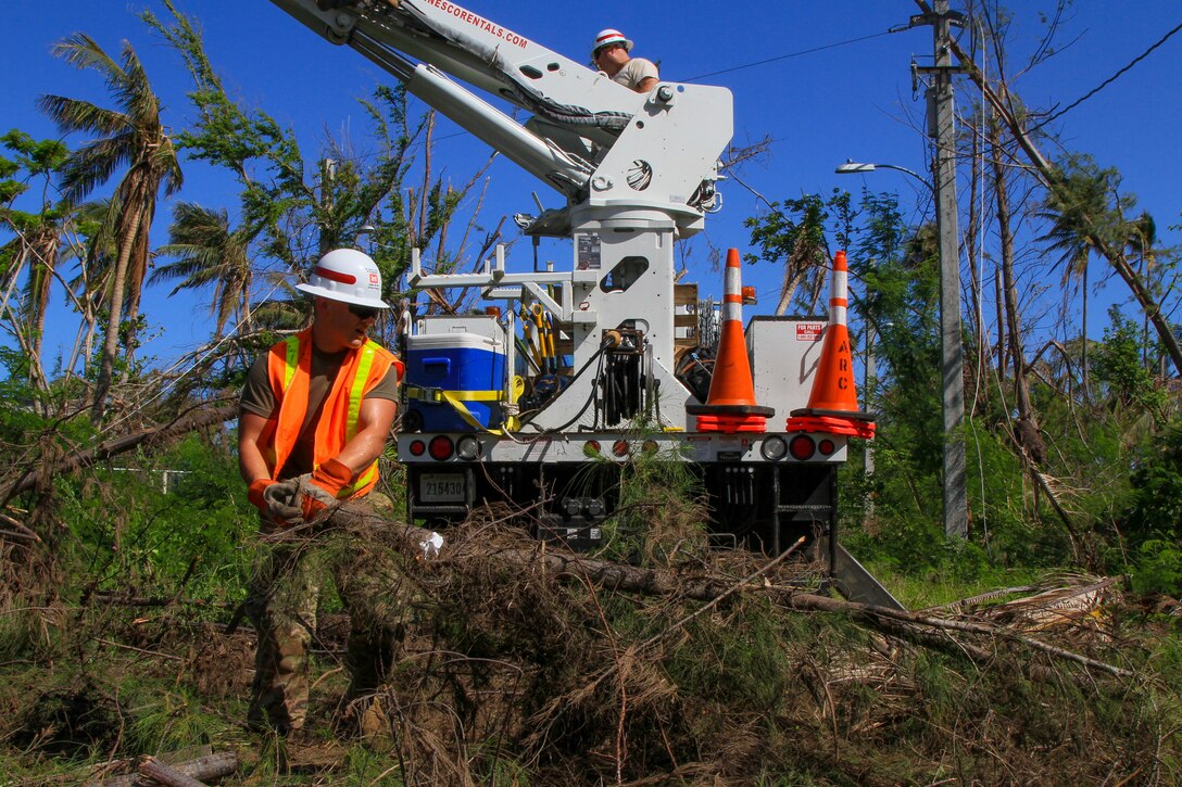 In the foreground, a man clears brush; behind him, a man is seated atop a piece of heavy machinery.