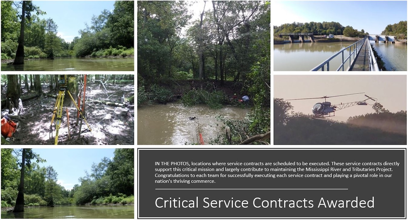 IN THE PHOTO, locations where service contracts are scheduled to be executed. These service contracts directly support this critical mission and largely contribute to maintaining the Mississippi River and Tributaries Project. Congratulations to each team for successfully executing each service contract and playing a pivotal role in our nation's thriving commerce.