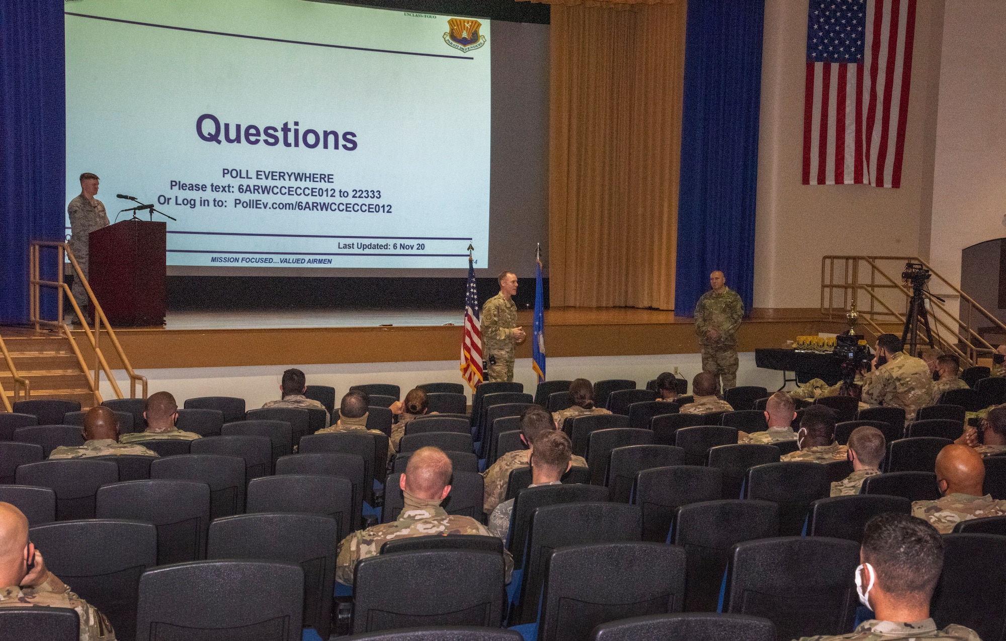 U.S. Air Force Col. Benjamin Jonsson, the 6th Air Refueling Wing commander, briefs an audience during a commander’s call at MacDill Air Force Base, Fla., Nov. 6, 2020.